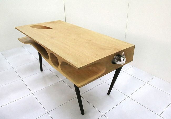 Оригинальный стол обязательно станет прекрасной площадкой для любопытной кошки